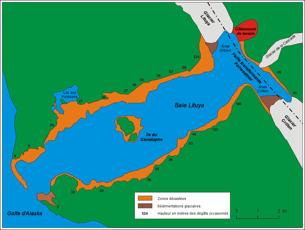 Diagram showing the damage caused by the megatsunami of Lituya Bay (1958)