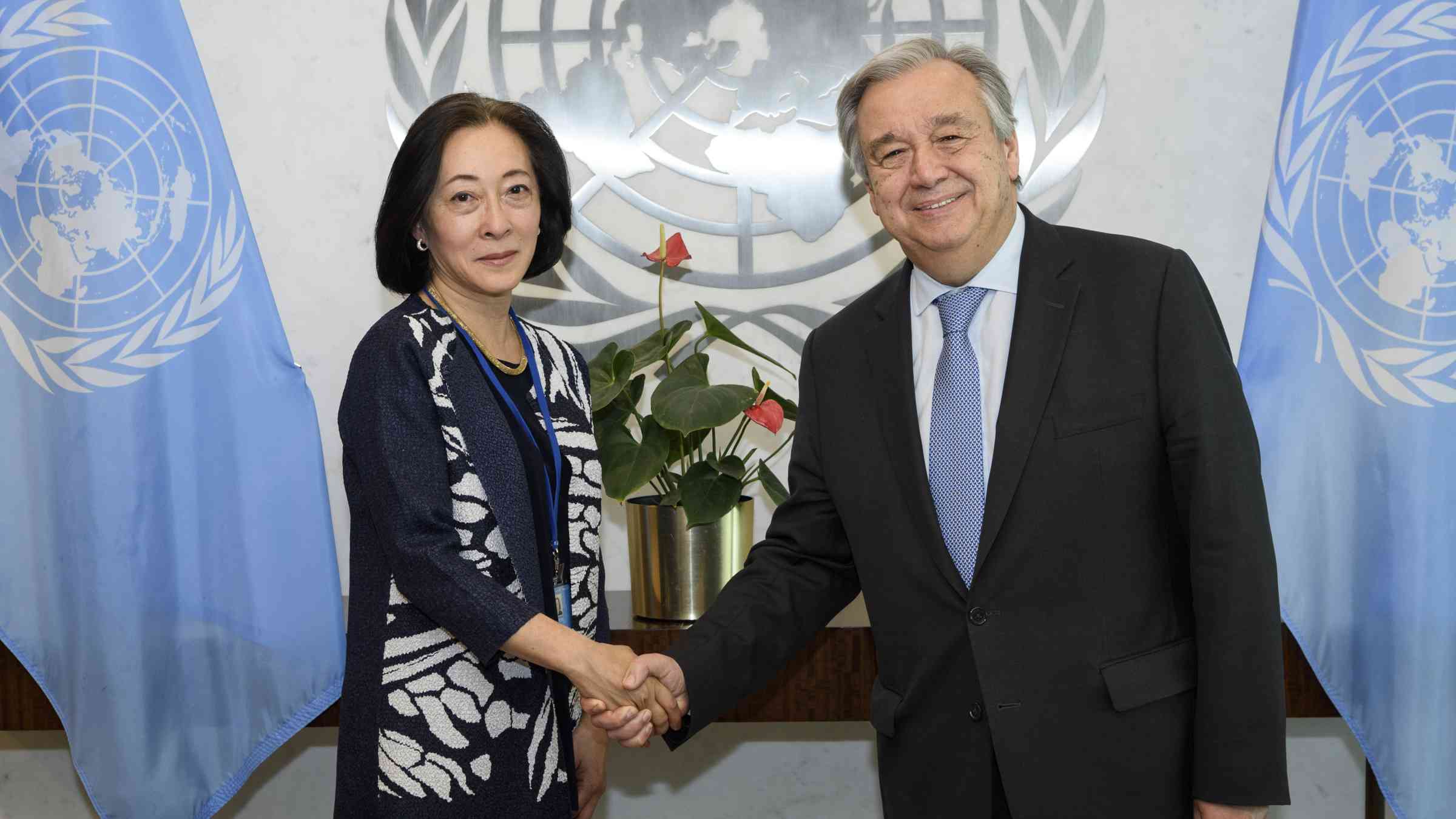 Mami Mizutori, UNDRR head, with the UN Secretary-General, António Guterres