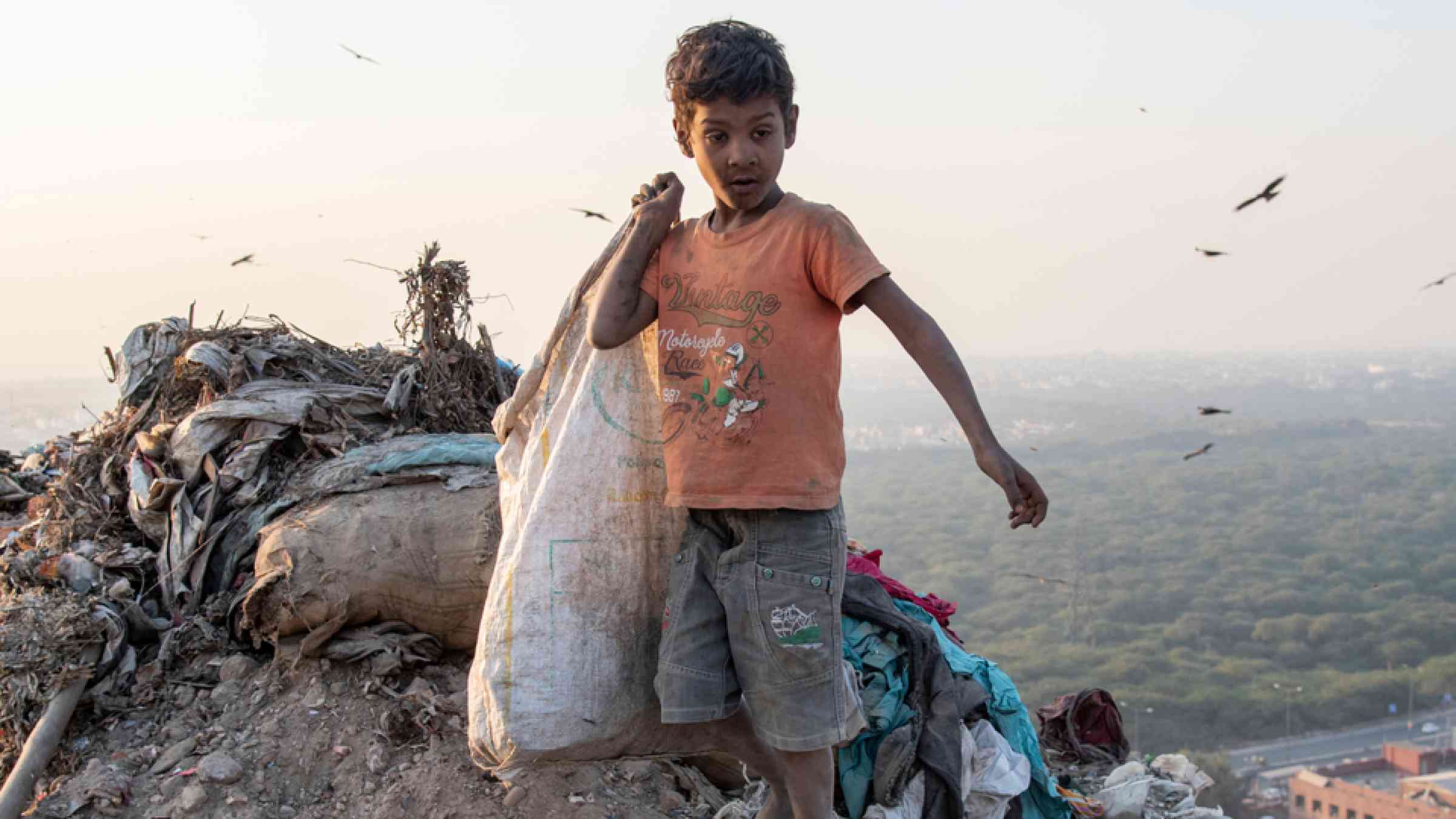 A poor boy collecting garbage waste from a landfill site in the outskirts of Delhi. Hundreds of children work at these sites to earn their livelihood.