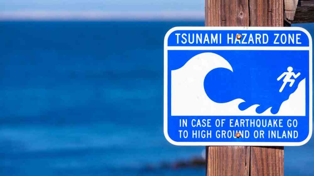 Tsunami Hazard Zone warning sign on the Pacific Ocean coast warn the public about possible danger after an earthquake. Blurred blue ocean surface on horizon